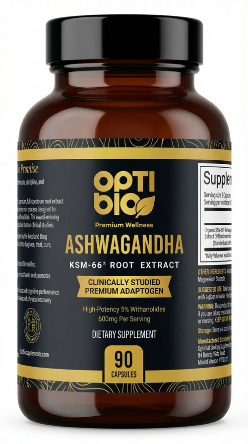 Optibio Ashwagandha KSM-66® supplement bottle — front view, 90 capsules
