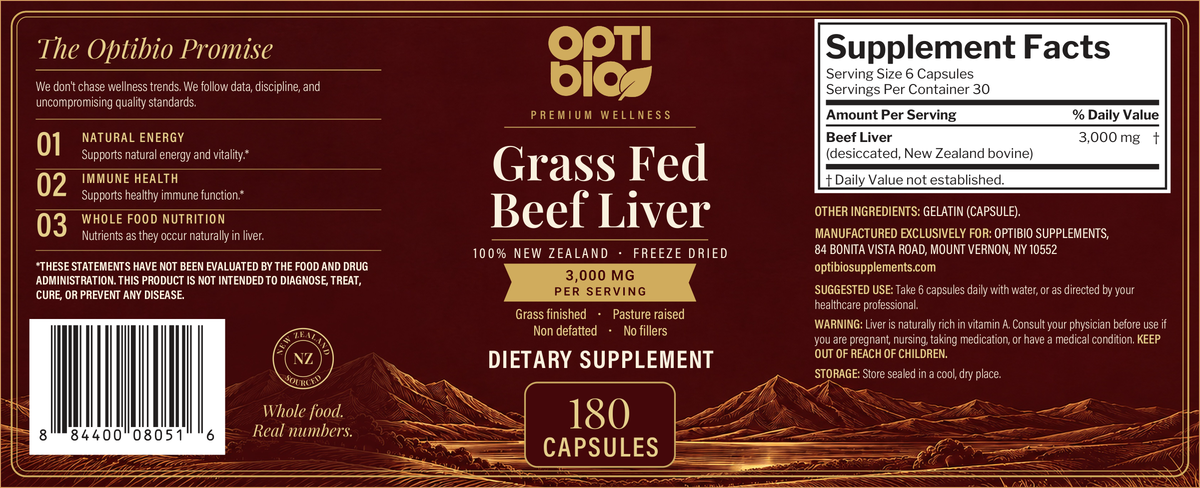 Optibio Grass Fed Beef Liver full label with Supplement Facts, suggested use and warning