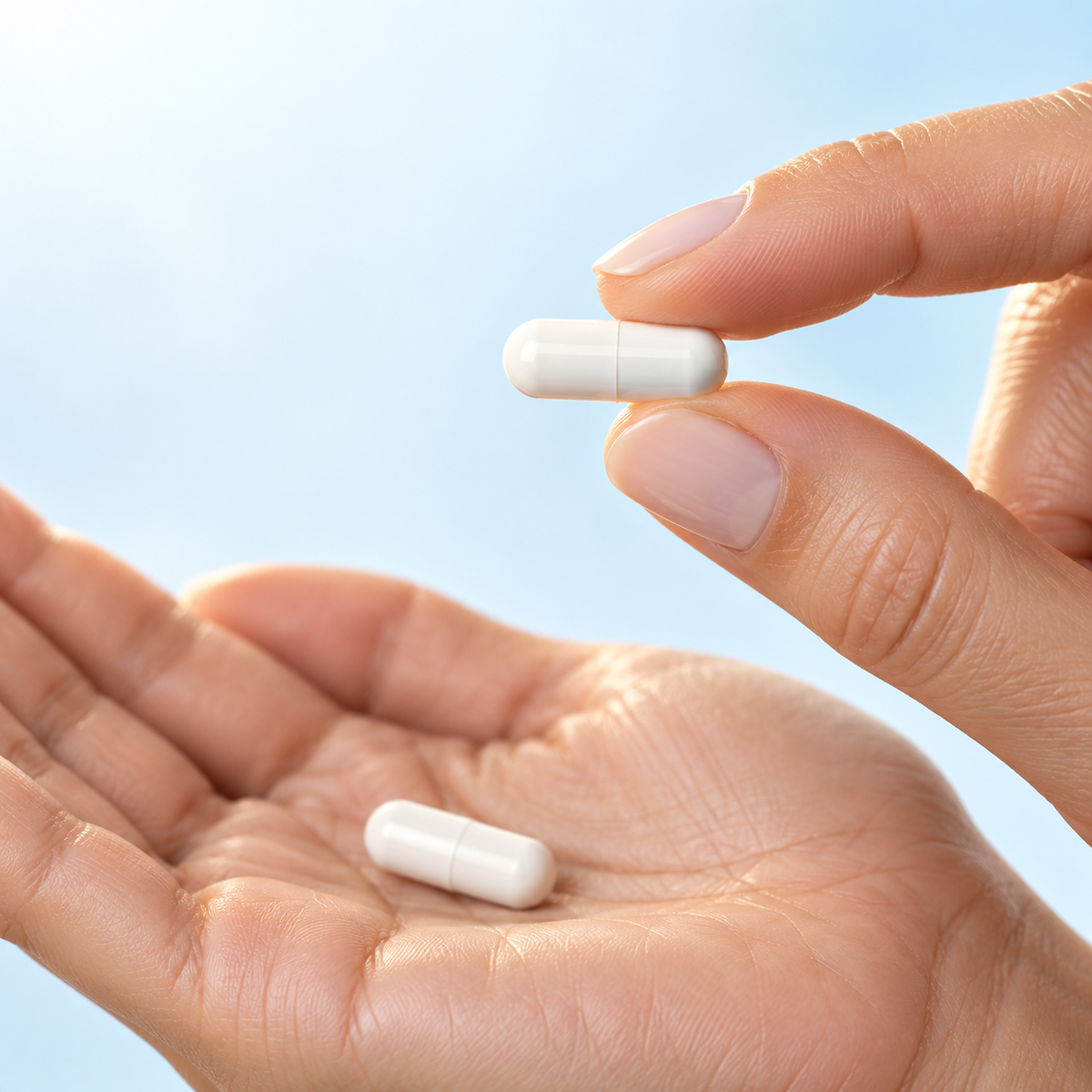 Two Optibio KSM-66 Ashwagandha capsules in a hand, the daily serving