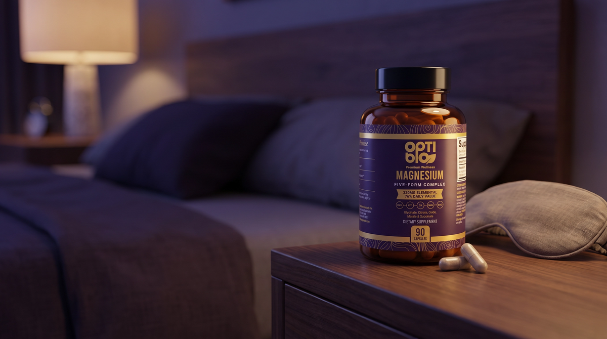 Optibio Magnesium Five Form Complex bottle on a bedside table in the evening with two capsules
