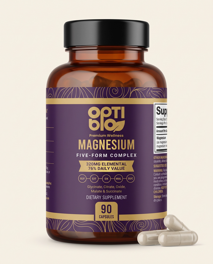 Optibio Magnesium Five Form Complex bottle, 90 capsules, 320 mg elemental magnesium per serving, front view on a light background
