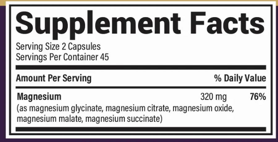 Optibio Magnesium Five Form Complex Supplement Facts panel showing 320 mg magnesium per 2 capsule serving from glycinate, citrate, oxide, malate and succinate, 45 servings