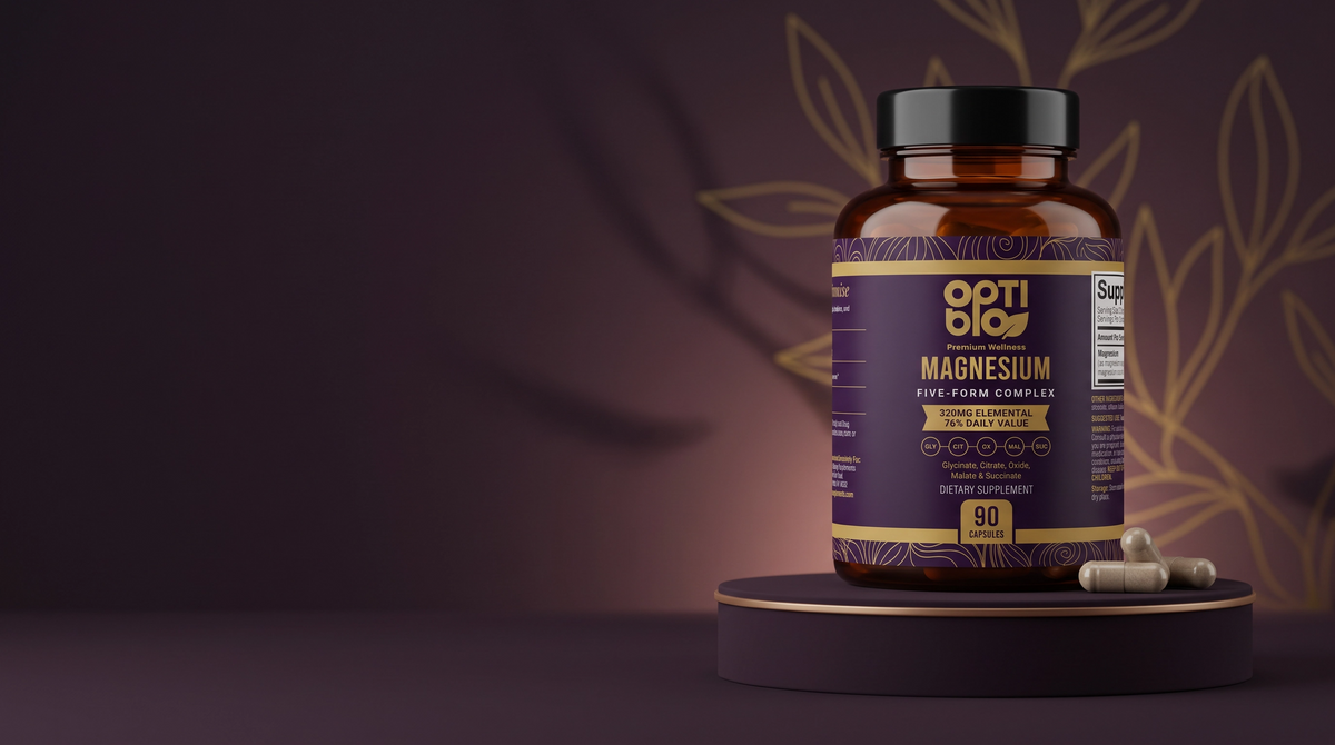 Optibio Magnesium Five Form Complex bottle on a plum background with gold leaf detail