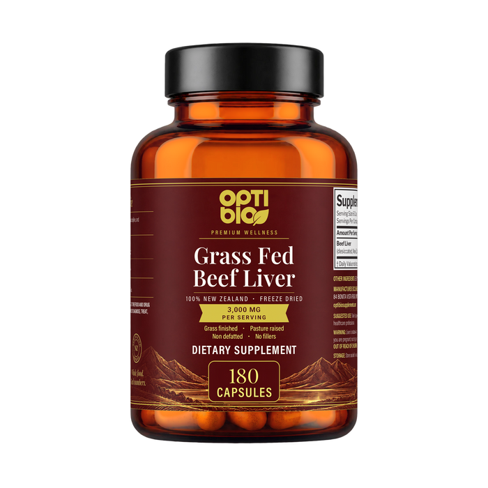 Optibio Grass Fed Beef Liver bottle, 180 capsules, 3,000 mg per serving, 100% New Zealand, freeze dried, front view