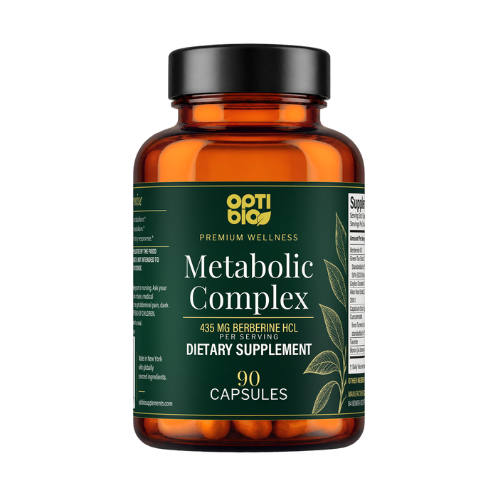 Optibio Metabolic Complex bottle, 90 capsules, 435 mg berberine HCl per serving, front view