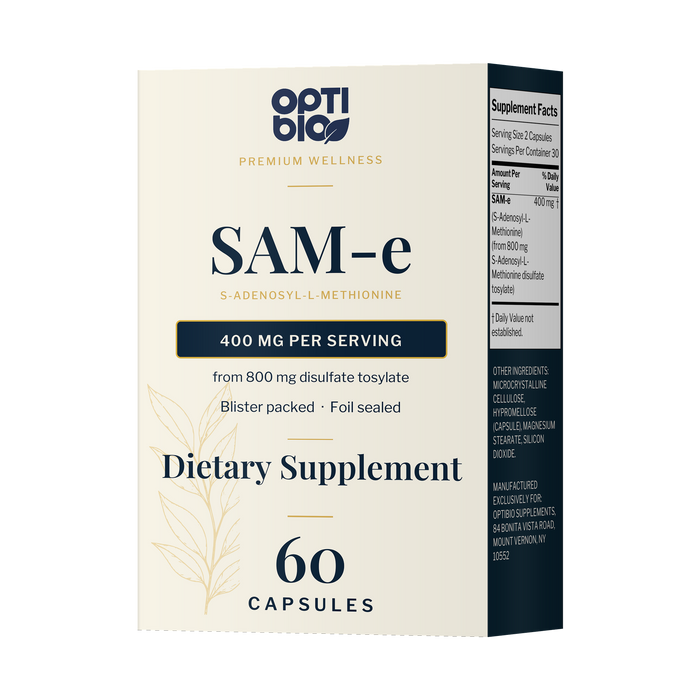 Optibio SAM-e carton, 60 capsules, 400 mg per serving, each capsule sealed in its own foil blister, front view