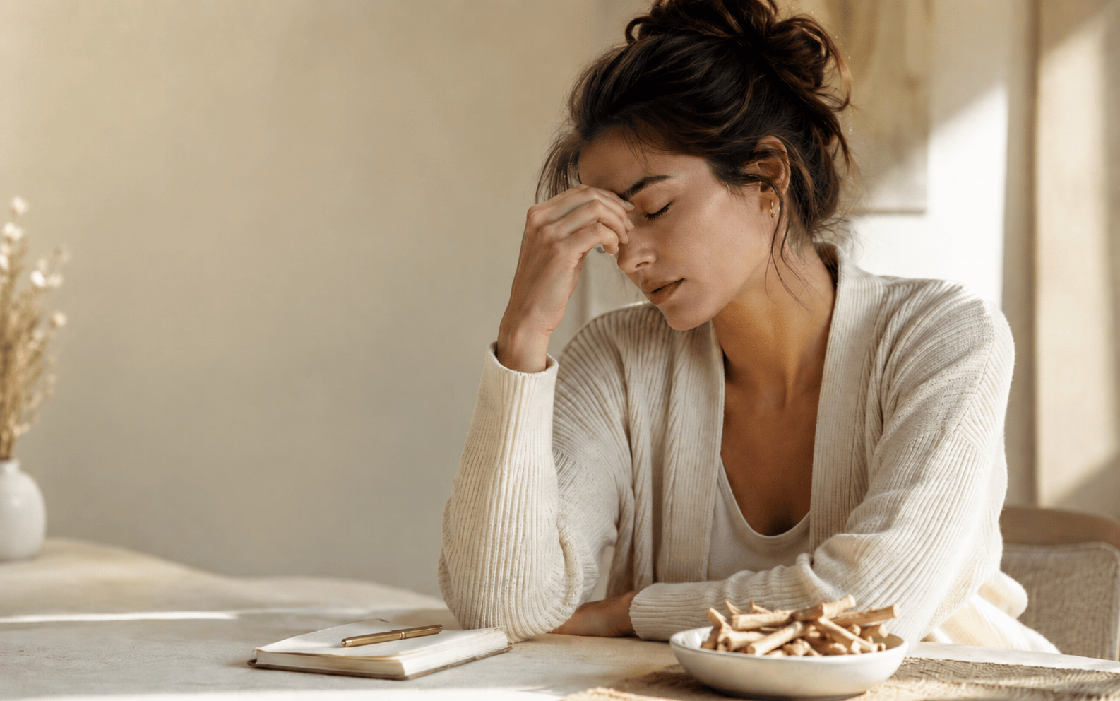 Woman experiencing stress with ashwagandha roots