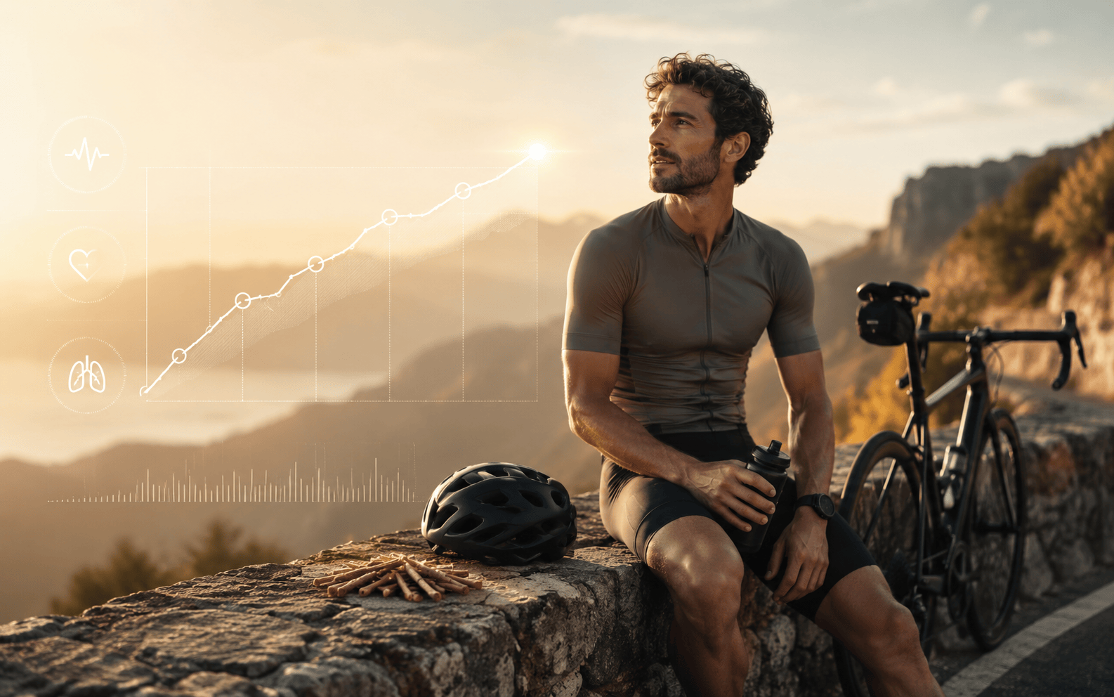 Cyclist resting at summit with performance data overlay