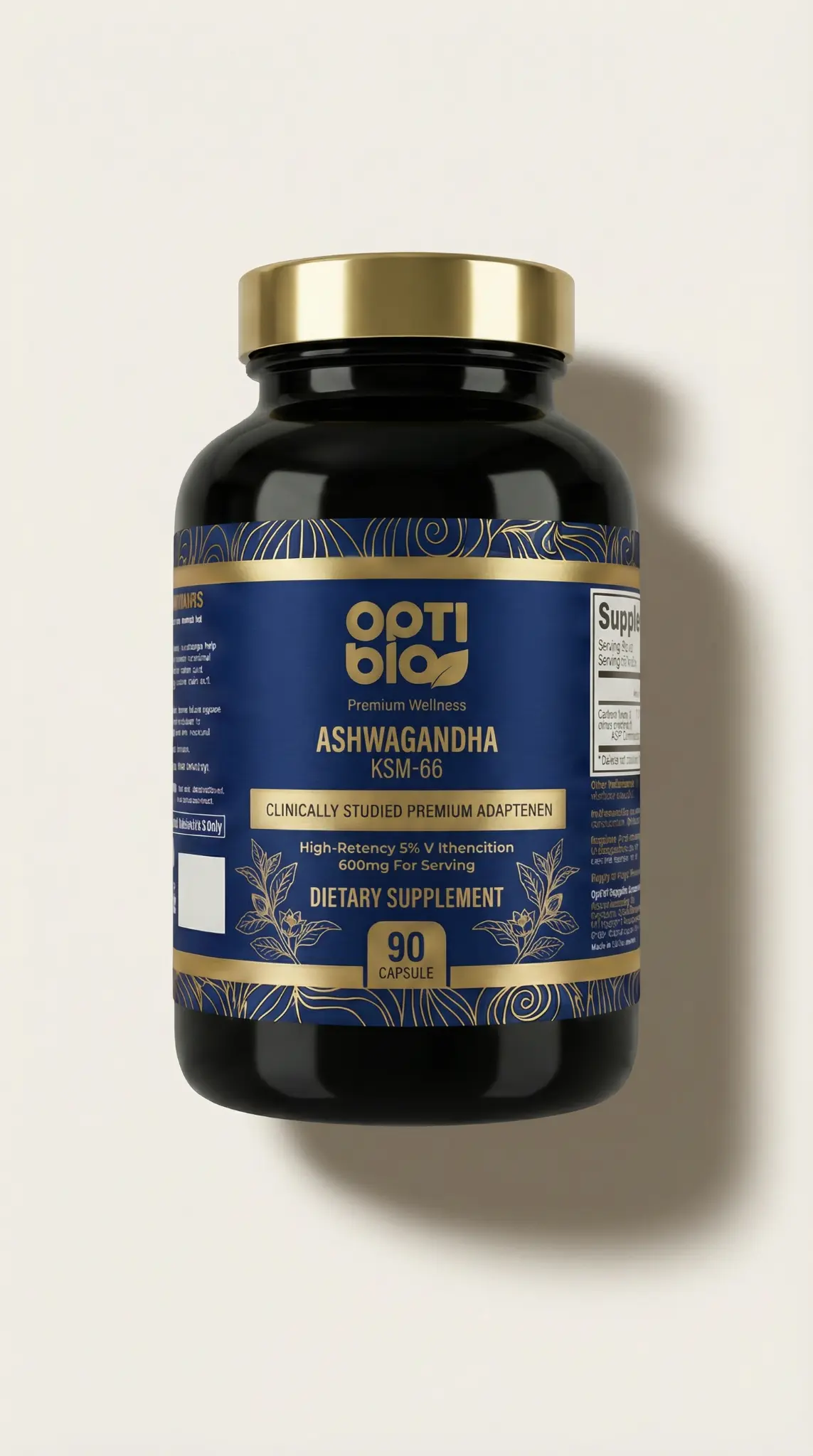 Optibio Ashwagandha KSM-66 premium supplement - angled view of black glass bottle with gold cap showing product label and branding
