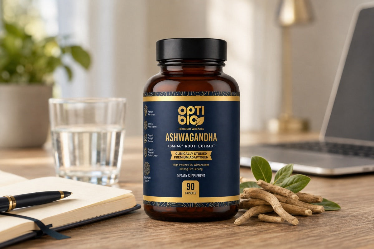 Optibio KSM-66 ashwagandha bottle on a bright desk with a glass of water, notebook, and laptop