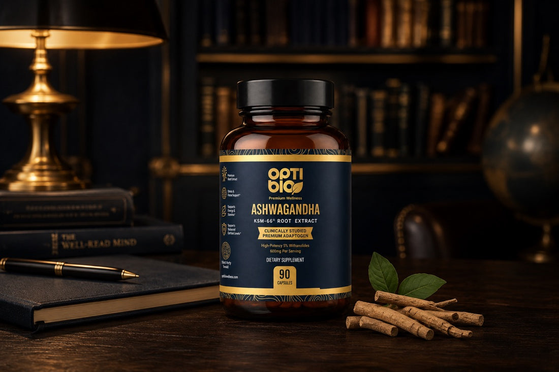 Optibio amber bottle centered in a dark navy library scene with warm gold lamplight and ashwagandha roots