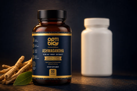 Optibio KSM-66 ashwagandha bottle on a dark navy stage beside a blurred generic white bottle