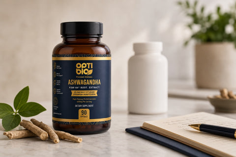 Optibio KSM-66 ashwagandha bottle on a marble bedside table with tea, roots, and soft navy and cream bedding