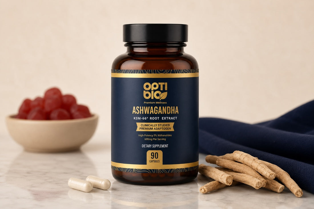 Optibio KSM-66 ashwagandha bottle with capsules beside a blurred bowl of gummies
