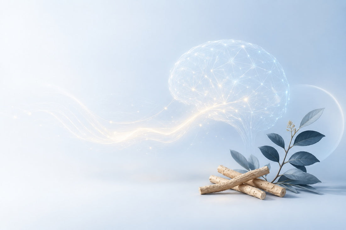 Abstract glowing neural network with ashwagandha roots and botanical leaves on a light blue background