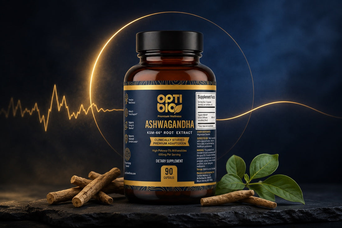 Optibio KSM-66 ashwagandha bottle in a warm gold halo with a stress wave calming from jagged to smooth