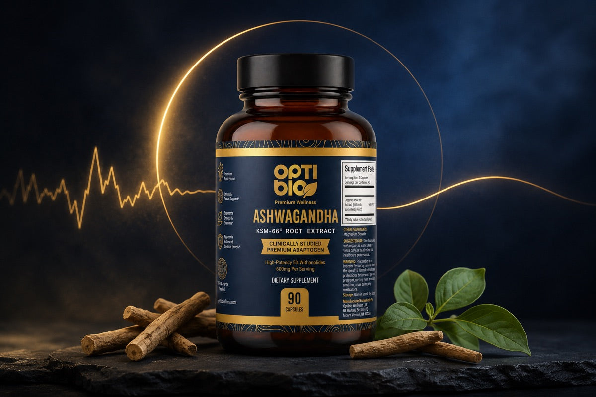 Optibio KSM-66 ashwagandha bottle in a warm gold halo with a stress wave calming from jagged to smooth