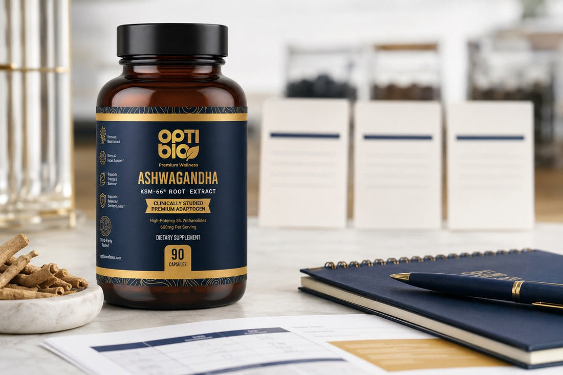 Optibio KSM-66 ashwagandha bottle beside three abstract comparison cards and a research notebook