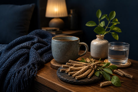 Ashwagandha roots and leaves arranged on a dark navy bedside scene with warm gold light