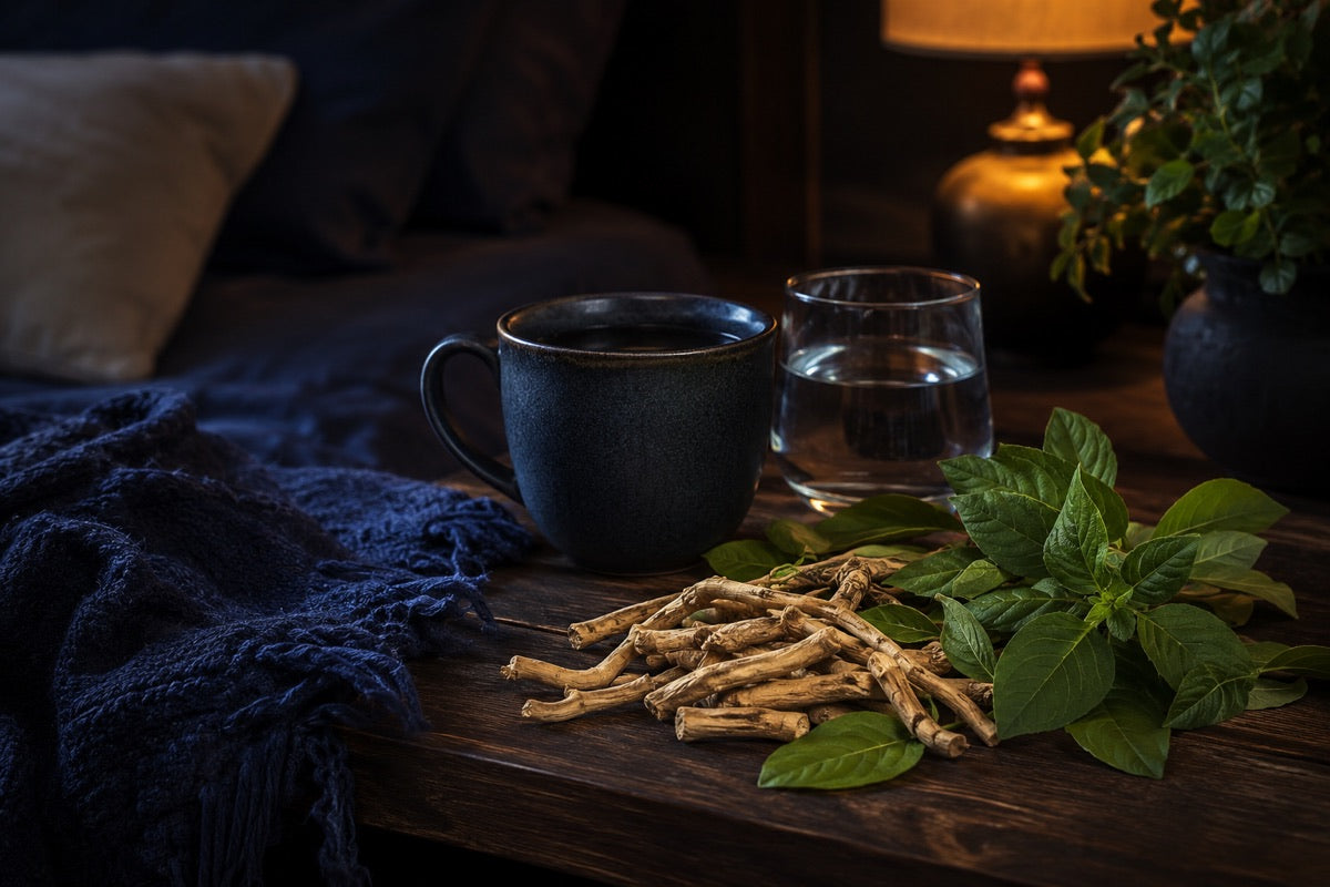 Night bedside scene with a dark mug, water glass, and ashwagandha roots and leaves in navy light