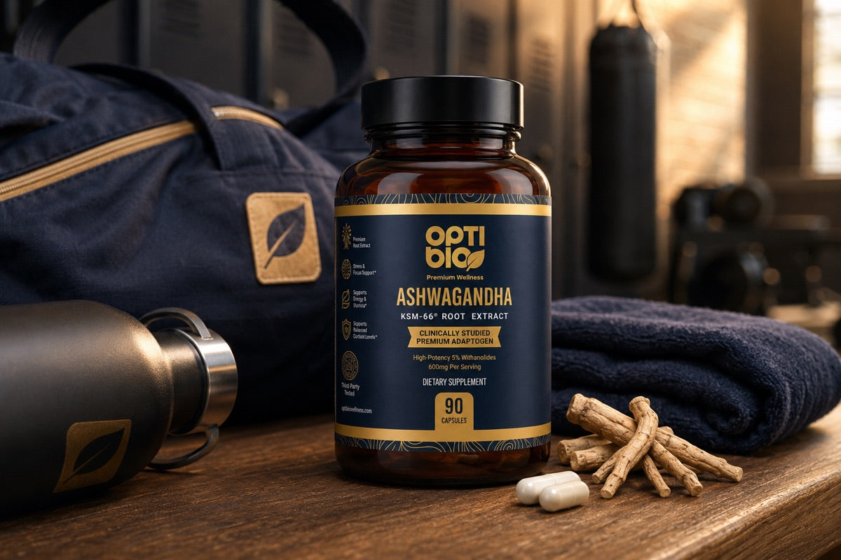 Optibio KSM-66 ashwagandha bottle in a gym setting with a navy duffel, towel, capsules, and roots