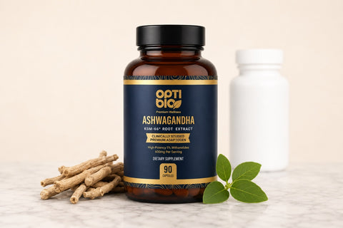 Optibio KSM-66 ashwagandha bottle beside a blurred white supplement bottle with roots and leaves