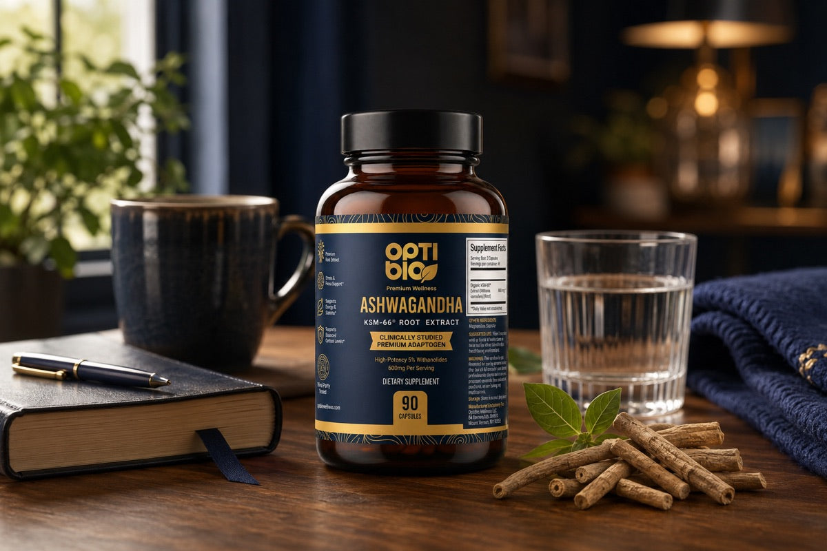 Optibio amber bottle centered on a luxury navy stage with gold spotlight