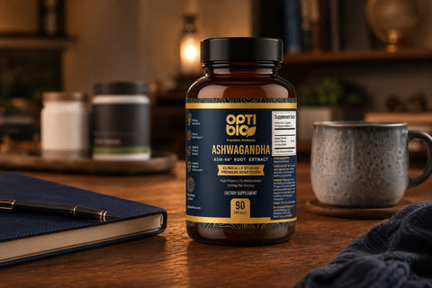 Optibio amber bottle on a navy comparison stage beside blurred generic competitor containers