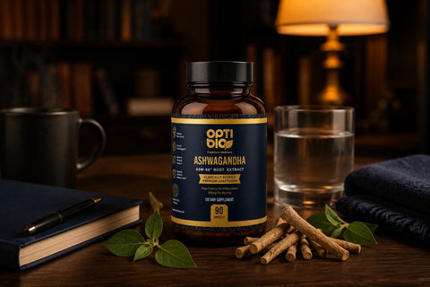 Optibio amber bottle on an evening desk beside a coffee mug, water glass, and ashwagandha roots