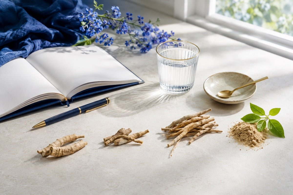 Bright windowsill with an open journal, water glass, and ashwagandha roots arranged in a daily progression