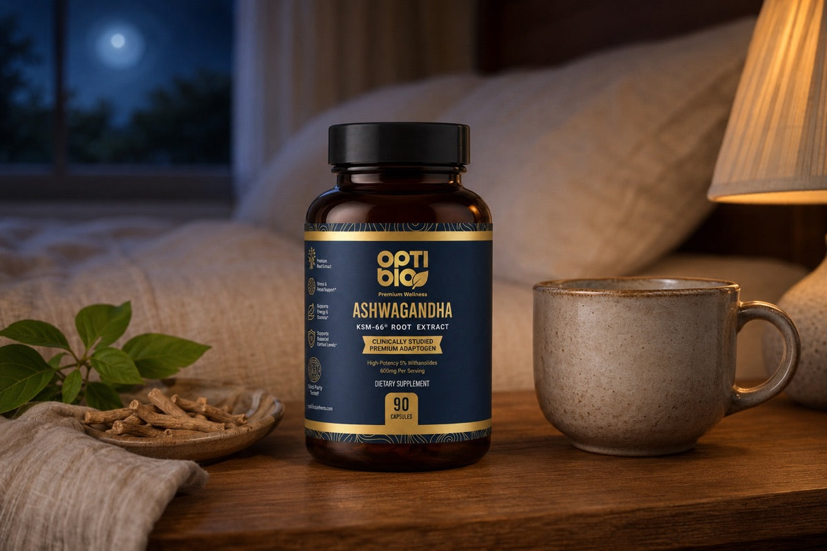 Optibio KSM-66 ashwagandha bottle on a moonlit nightstand with a warm lamp and tea