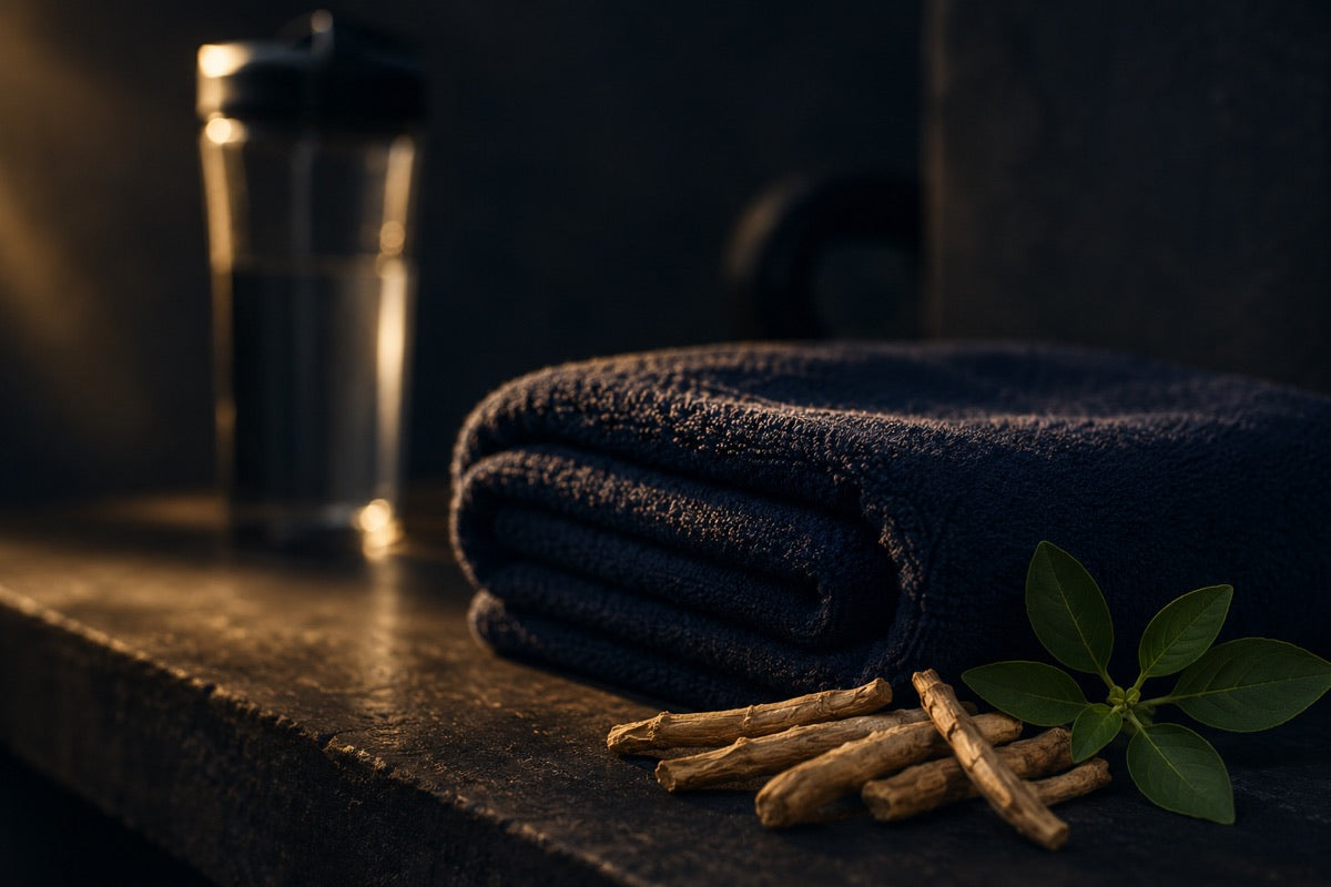 Folded navy towel, shaker bottle, and ashwagandha roots in a calm dark recovery scene
