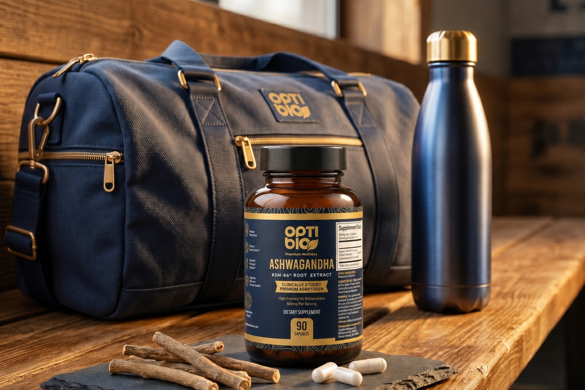 Optibio KSM-66 ashwagandha bottle with a navy gym duffel and water bottle on a wooden bench