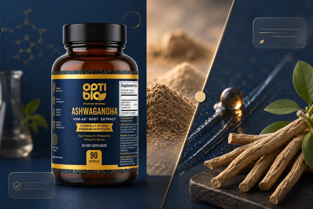 Optibio KSM-66 ashwagandha bottle beside a split scene of generic powder and clean root extract