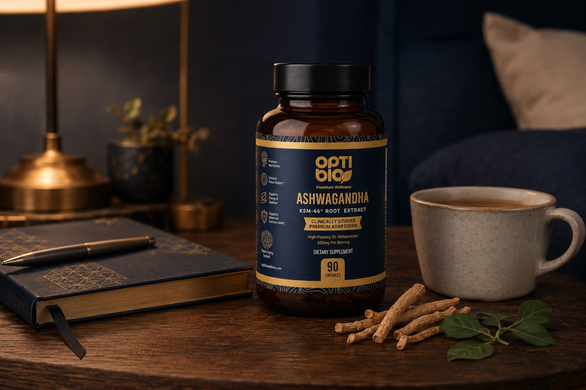 Optibio KSM-66 ashwagandha bottle in warm evening light with a journal, tea, and ashwagandha roots