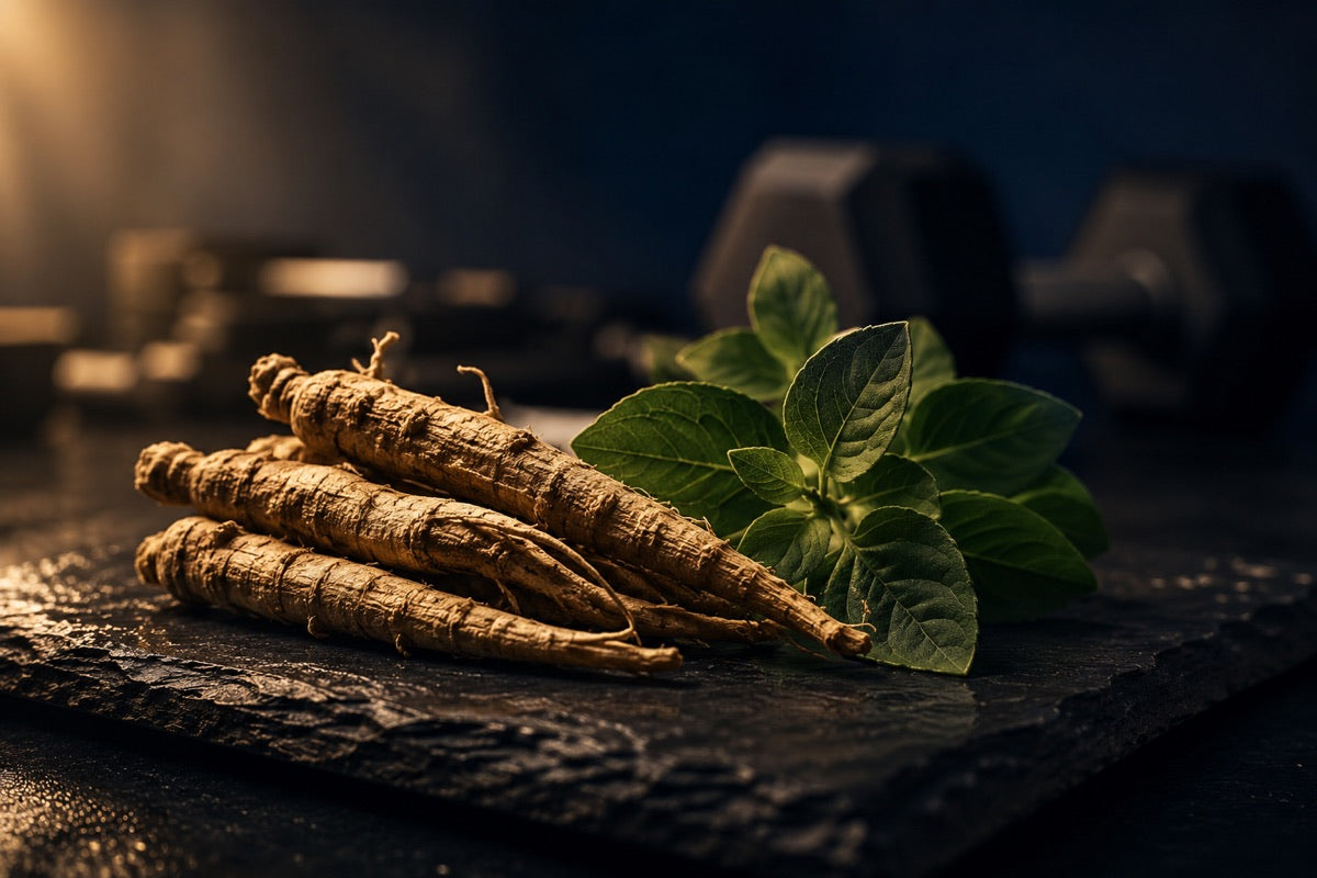 Ashwagandha roots and leaves on dark slate with dumbbells in the background