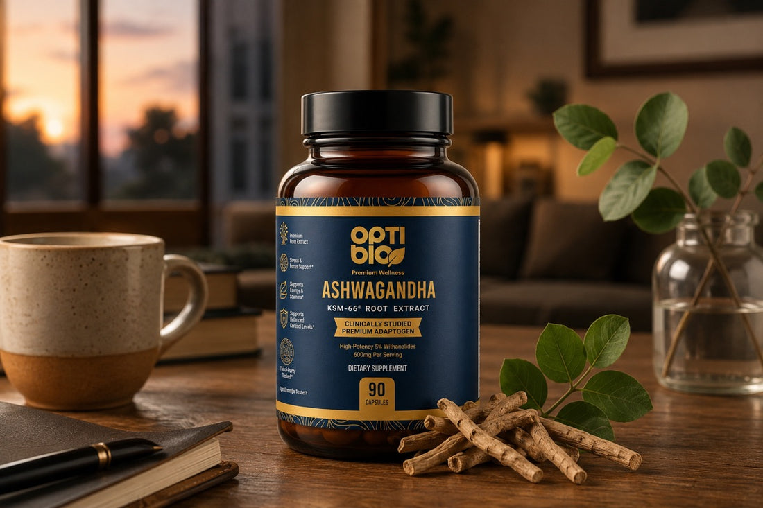Optibio KSM-66 ashwagandha bottle in a calm sunset living room with coffee and a journal