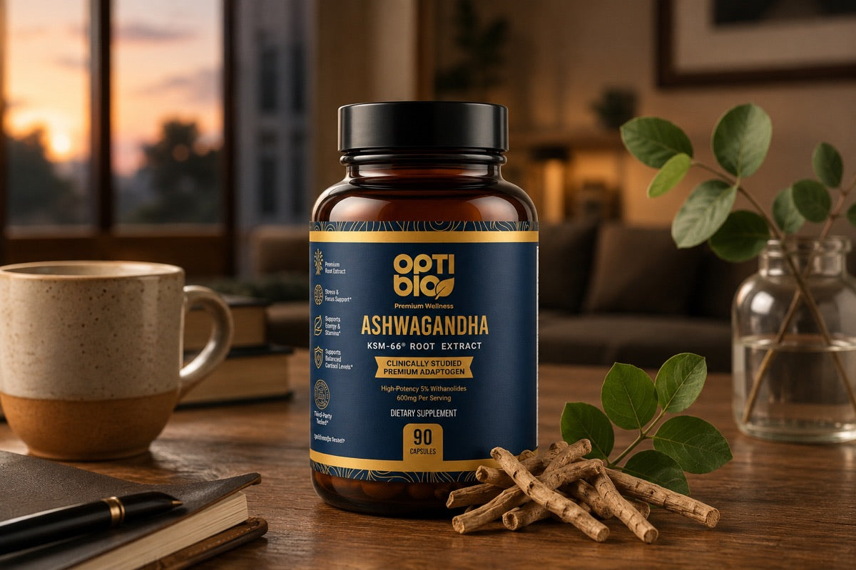 Optibio KSM-66 ashwagandha bottle in a calm sunset living room with coffee and a journal
