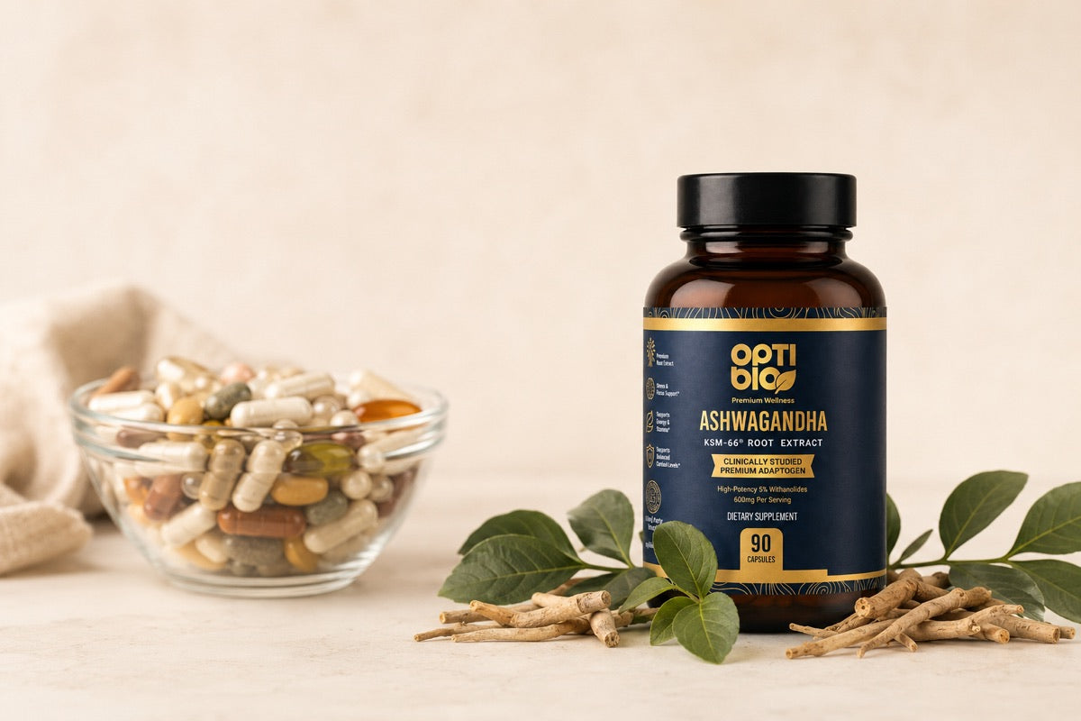 Optibio KSM-66 ashwagandha bottle beside a bowl of assorted blend capsules, single ingredient clarity