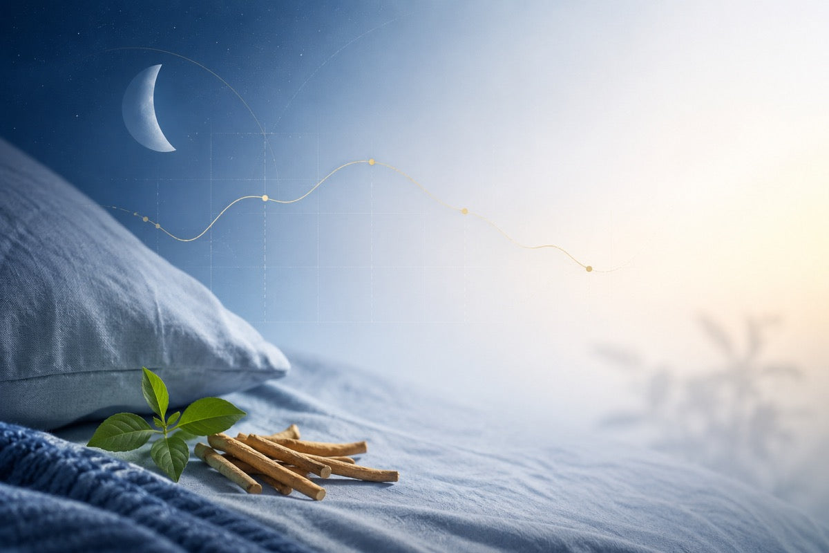 Calm moonlit bedding scene with ashwagandha roots and a gentle gold data curve