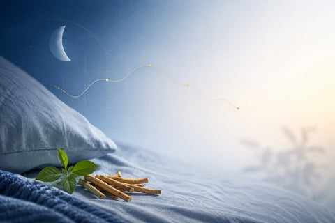 Calm moonlit bedding scene with ashwagandha roots and a gentle gold data curve