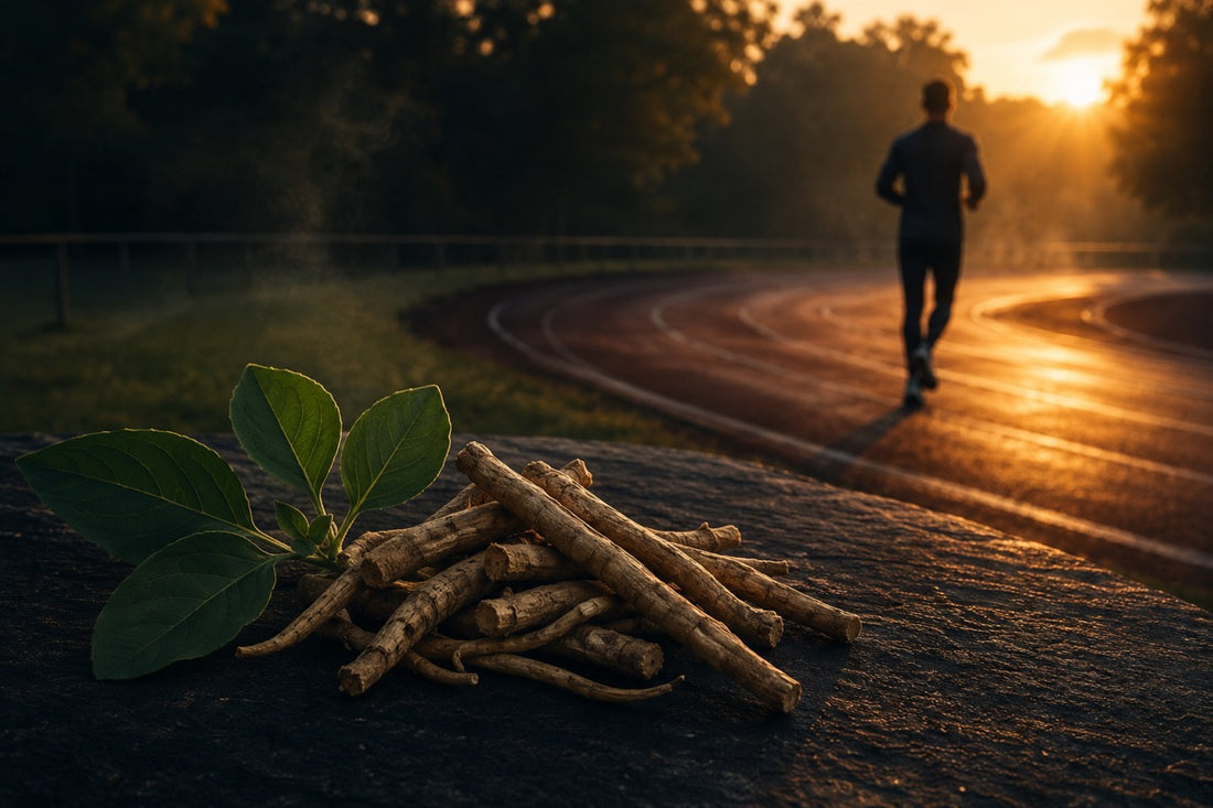 Runner on a sunrise track with ashwagandha roots and leaves in the foreground