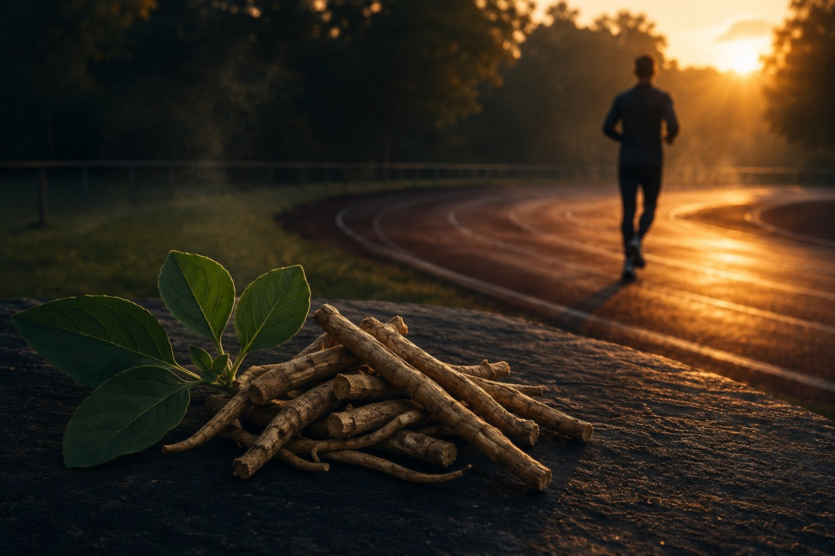Runner on a sunrise track with ashwagandha roots and leaves in the foreground