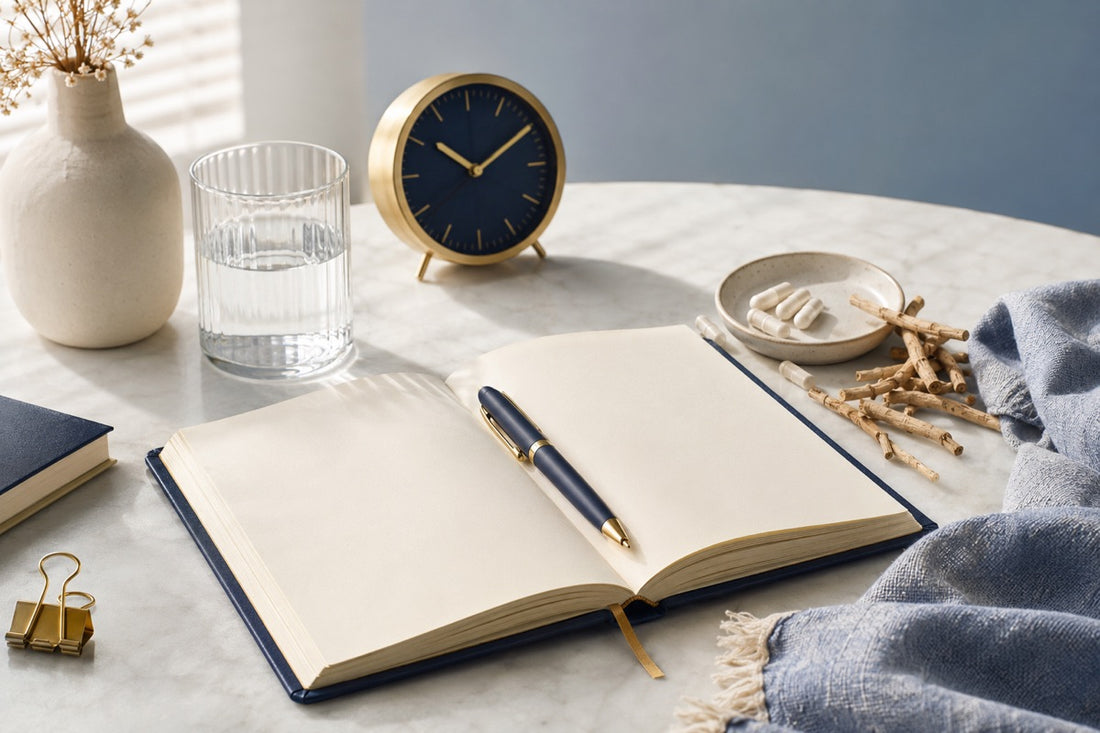 Elegant gold timeline arc with clock and journal on a soft blue background
