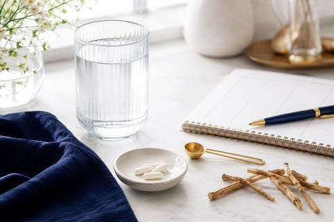 Glass of water, dish of capsules, gold measuring spoon, planner, and ashwagandha roots on marble