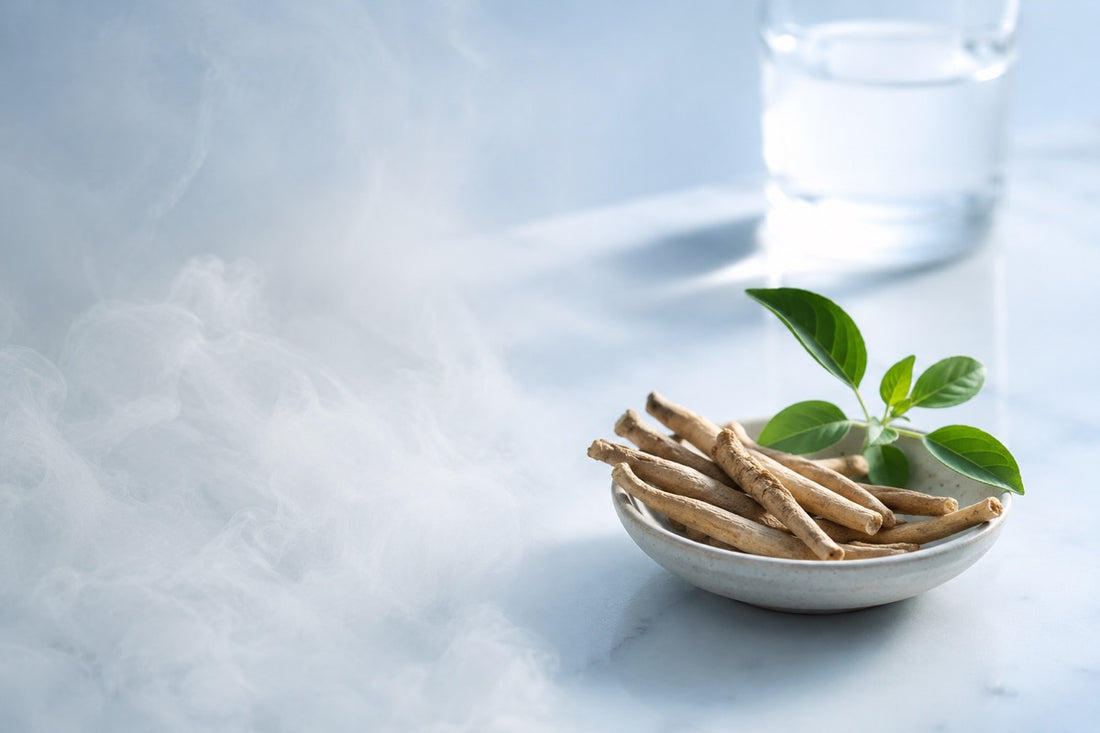 Mist clearing around a dish of ashwagandha roots with a glass of water in soft blue light