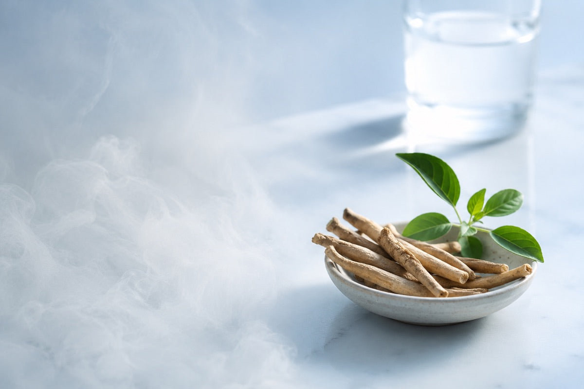 Mist clearing around a dish of ashwagandha roots with a glass of water in soft blue light