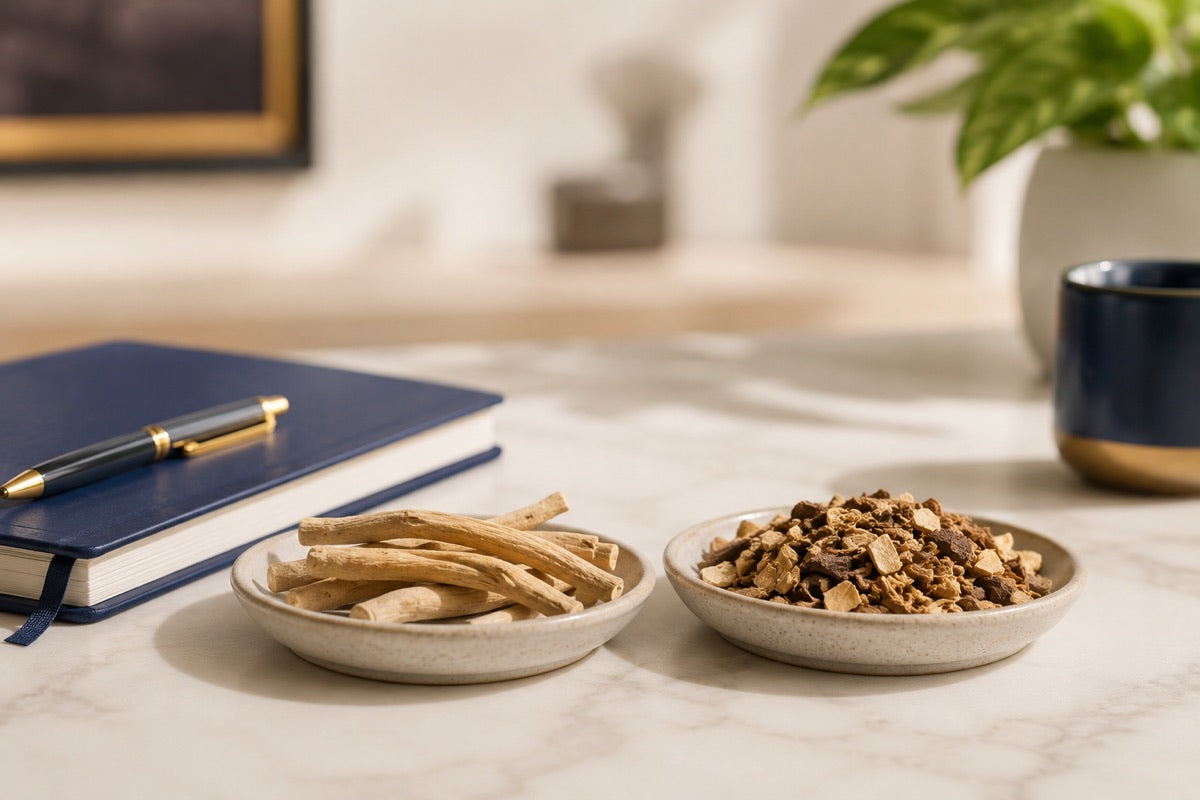 Two ceramic dishes comparing root only extract and mixed plant parts on a clean navy and gold split