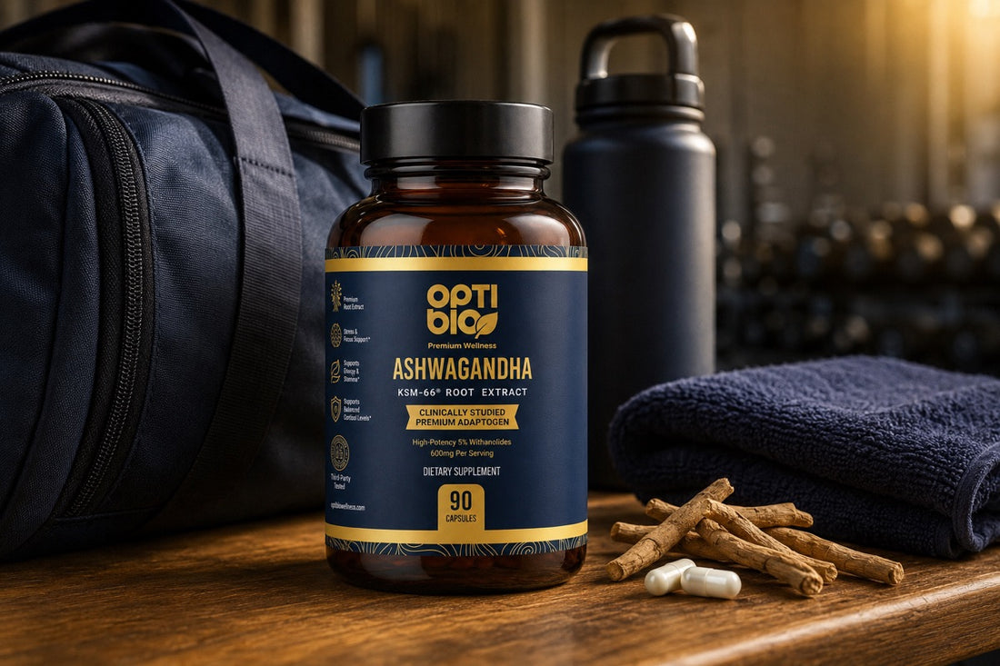 Optibio KSM-66 ashwagandha bottle with a navy gym bag, steel flask, towel, capsules, and roots