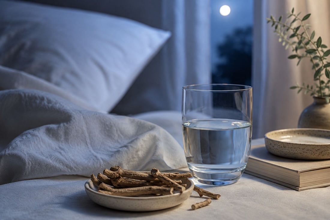 Moonlit bedside with a glass of water and a dish of ashwagandha roots